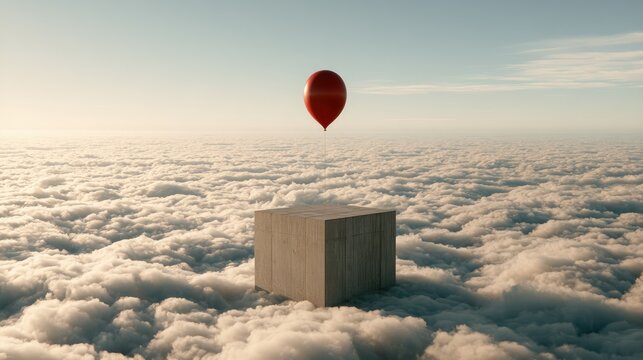 A lone red balloon lifts a concrete cube above a sea of clouds