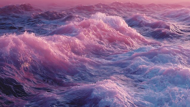 Abstract ethereal ocean waves glowing in soft purple and pink sunset light.