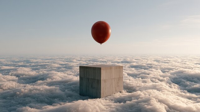 A single red balloon floats above a concrete cube surrounded by clouds