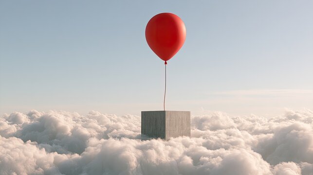 A bright red balloon rises above a concrete cube floating on clouds