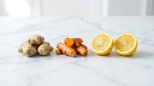 Fresh organic ginger root turmeric roots and lemon slice on white marble background
