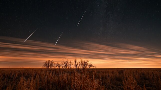 Streaks of light illuminate a dark, starry sky above dry grass