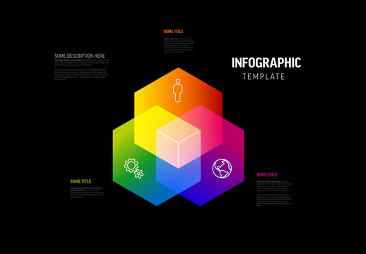 Abstract Colorful Infographic Template with Hexagons and Cube on Black Background