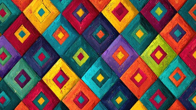 Vibrant, textured geometric pattern of nested diamond shapes in a kaleidoscope of colors
