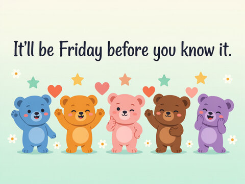 Cute colorful teddy bears group vector illustration with quote It will be Friday before you know it, funny weekend motivation design banner isolated on light background