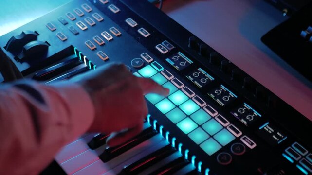 Professional Sound Mixer Control Board with Laptop Screen and Audio Editing Technology in Modern Recording Studio Workspace