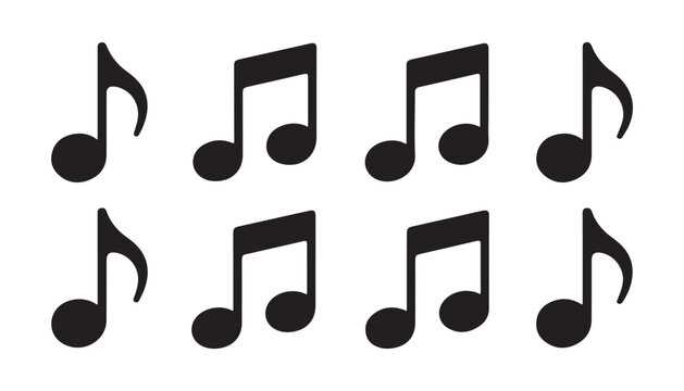 Set of eight black music notes isolated on a transparent background for digital art or graphic design.