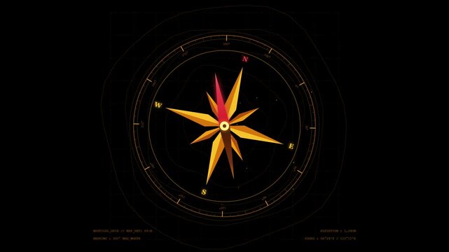 Abstract golden compass rose navigation hud interface on black background