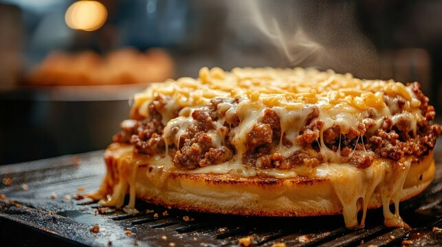 Gourmet sloppy joe sandwich featuring savory ground meat and melted yellow cheese served hot on a toasted brioche bun with steam rising in bright kitchen