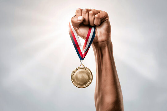 An arm stretches upward, holding a gold medal.