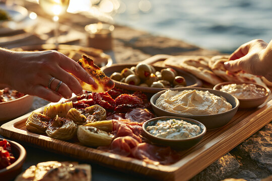 Marinated artichoke hearts, sun-dried tomatoes, prosciutto slices, stuffed olives, and bowls of creamy hummus and tzatziki.