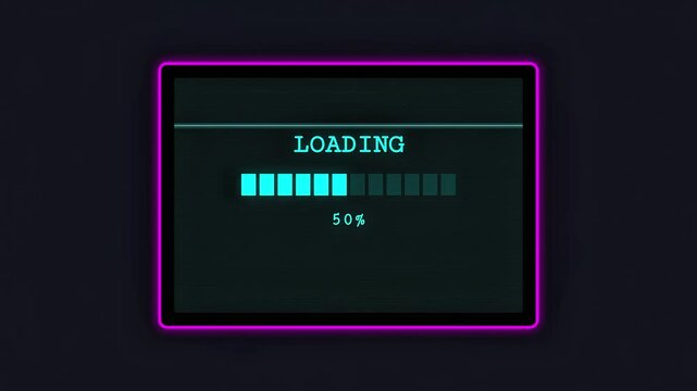 Retro futuristic loading progress bar showing fifty percent completion on a computer screen with neon purple border
