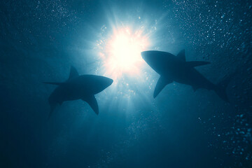 Obraz premium A dramatic underwater scene showing the silhouettes of sharks swimming towards the surface, with rays of light.
