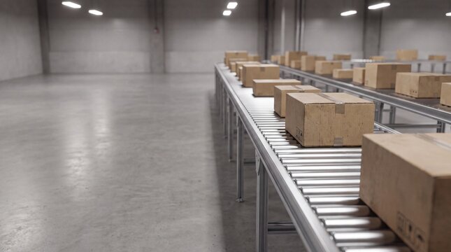 Automated conveyor belt with cardboard boxes in fulfillment center
