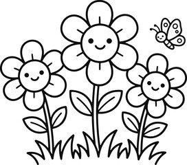 Obraz premium Three Cute Smiling Flowers Coloring Page