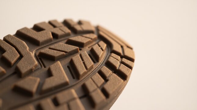 The shoe sole showcases its rugged texture and design, hinting at outdoor adventures. A close-up reveals the gripping patterns designed for traction and durability.