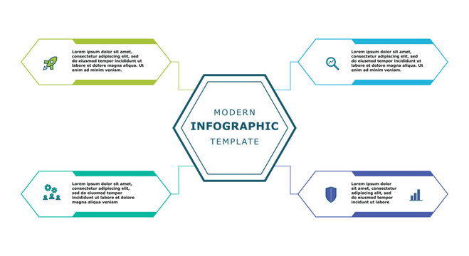 Four Directional Arrow Mind Map Infographic Template with Central Double Outline Hexagon Frame and Modern Line Icons Vector