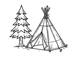 Traditional teepee next to a pine tree in a forest © Amina