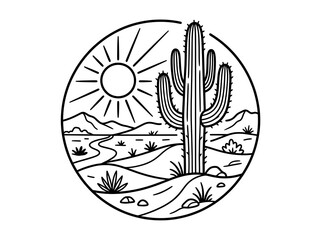 Desert landscape with cactus and bright sun illustration © Amina