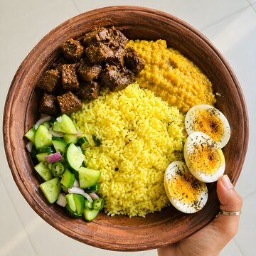 Sri Lankan Clay Pot Rice Bowl with Pepper Beef Curry, Dhal and Boiled Eggs