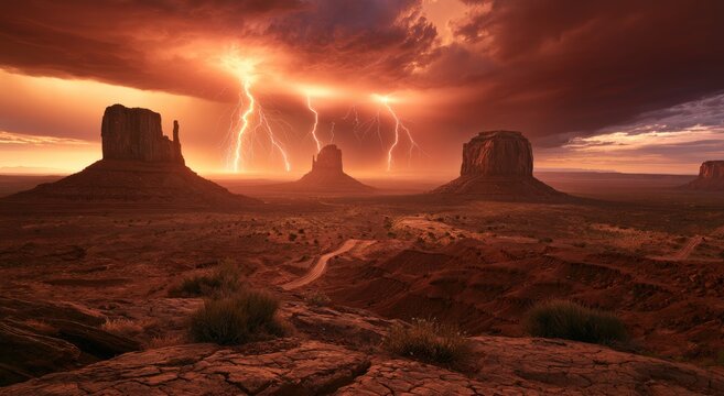 Dramatic desert storm with lightning illuminating towering rock formations