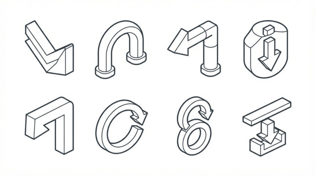  Minimalist isometric line art vector icon set of digital system workflow and download arrow indicators