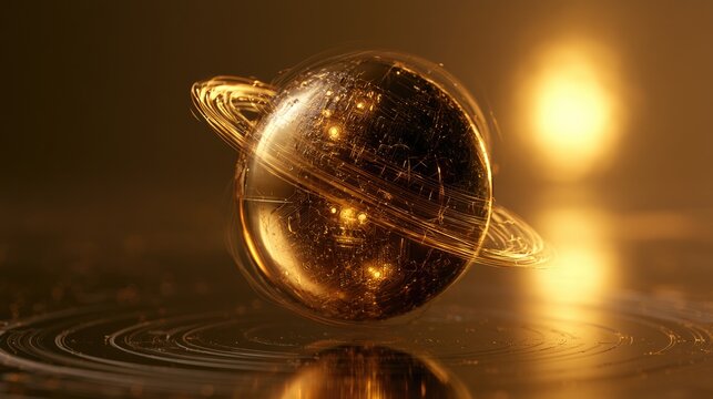 Gilded, glowing planetoid with shimmering rings and atmospheric dust