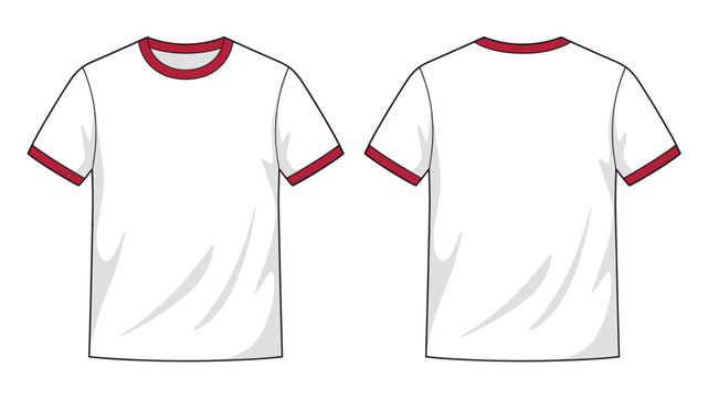 White ringer t-shirt with red trim flat technical drawing illustration neck binding blank streetwear mock-up template for design and tech packs men or unisex