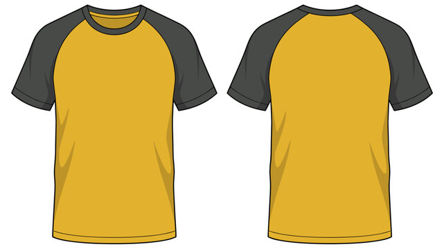 Yellow and grey raglan t-shirt front and back view flat technical drawing illustration contrast sleeve blank streetwear mock-up template for design and tech packs men or unisex