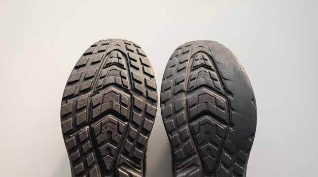 The view captures two different shoe soles, revealing patterns of wear and tear that tell stories of daily use. Each sole reflects a unique experience from its travels.