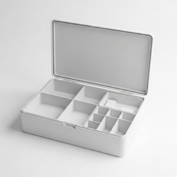 White open storage organizer box with dividers and compartments