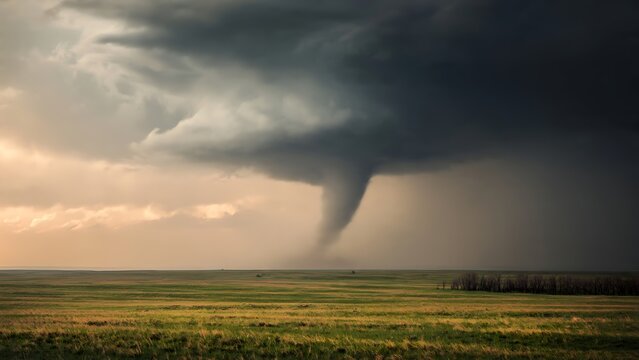 A Powerful Tornado Forming Over An Open Midwestern Field At Sunset.
