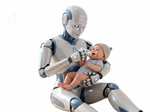 Futuristic robot lovingly holding a baby, symbolizing the intersection of technology and humanity in childcare and future parenting