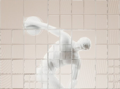 Distorted silhouette of sculpture with throwing disk behind recursive glass 3d render. 