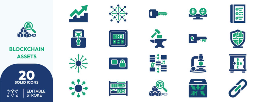 Blockchain assets set. wallet, smart contract, transaction, security, token, exchange, mining, network, code, shield. Editable stroke. Vector illustration.
