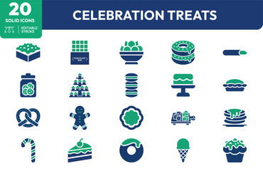 Holiday Treats set. donuts, cakes, ice cream, pastries, chocolate bars, fruit bowls, gingerbread, pretzels, candy, celebration. Editable stroke. Vector illustration.