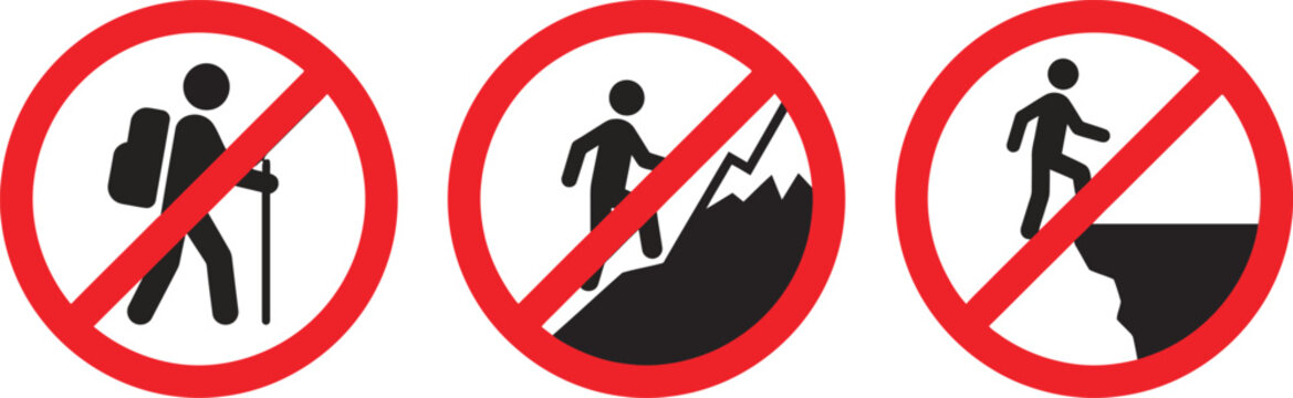 No Hiking Prohibited Sign Set | Dangerous Mountain Area and Restricted Access Warning Vector