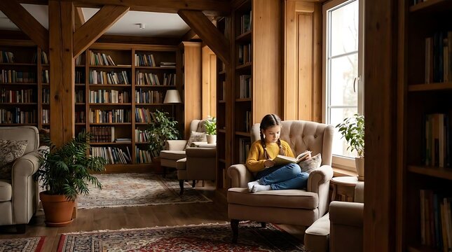 Person reading book in cozy home library with sunlight.