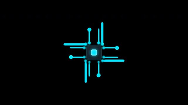 Futuristic AI processor building a neural circuit network. Cyan traces grow and pulse with energy, culminating in a synchronized data wave. 6s seamless transparent loop for tech motion graphics
