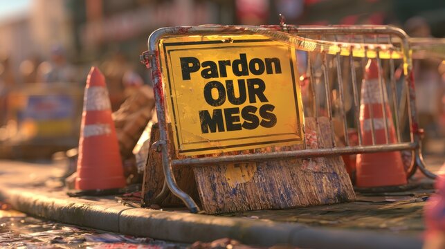 Pardon Our Mess Construction Barricade: A 3D Rendered Illustration of a Bright Sign, Orange Cones, and Metal Barrier on a City Sidewalk