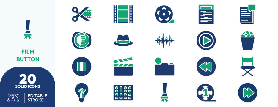 Cinematic studio set. camera, microphone, film reel, clapperboard, playback, director chair, soundwave, script, projector, film strip. Editable stroke. Vector illustration.