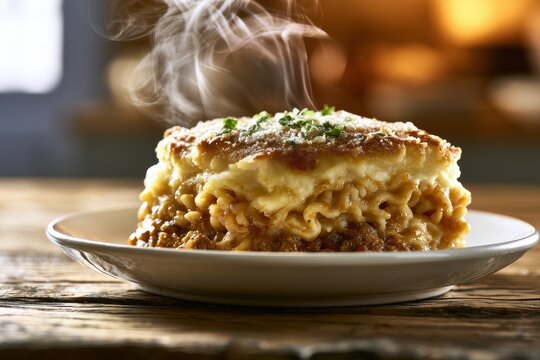 Pastitsio on a white plate with golden b&Atilde;&copy;chamel crust, rustic home-cooked baked pasta