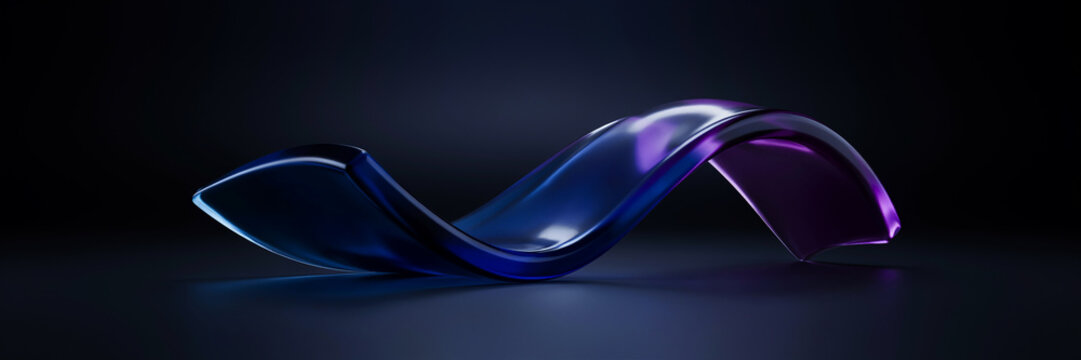 Abstract flowing liquid glass ribbon with blue and purple gradient abstract gradient translucent reflection background transparent creative aesthetic sculpture composition lighting