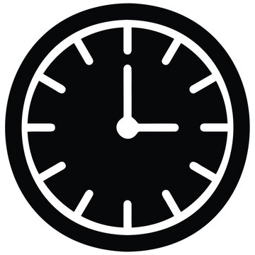 Clock face vector illustration showing three o'clock time on round analog watch silhouette.