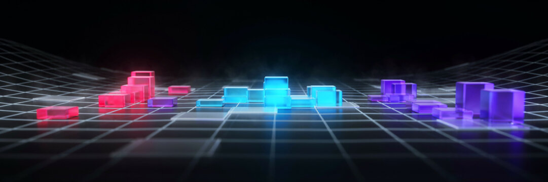 Futuristic glowing neon city skyline blocks on digital grid surface with abstract technology architecture landscape structure perspective background platform innovation building visualizatio