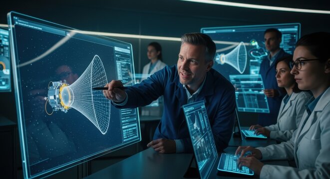 Scientists using computer aids to monitor deployment simulation data while integrating the space debris capture net module.