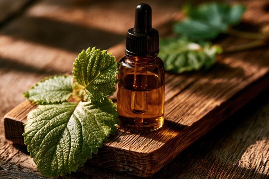 Patchouli essential oil with fresh patchouli leaves on a rustic wooden board