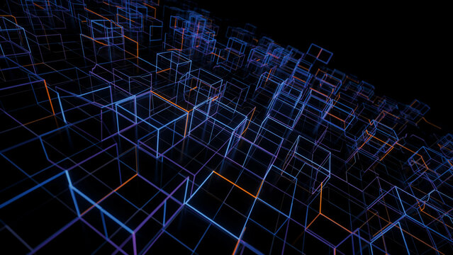 Abstract digital mesh grid background with glowing blue and orange cube wireframes in darkness abstract background wireframe technology connection geometric structure mathematics computer