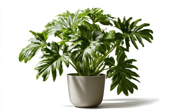 Philodendron selloum plant in a simple pot on white studio backdrop for modern home decor