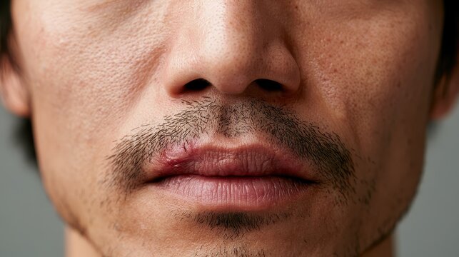 Photographic study of mouth ulcers and inflammation at the lip corners in a male subject